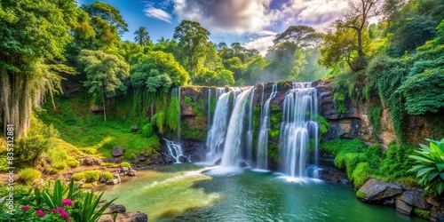 Scenic waterfall in the park surrounded by lush greenery, waterfall, park, nature, landscape, serene, tranquil, outdoors, beauty, environment, cascade, peaceful, picturesque, waterfall stream