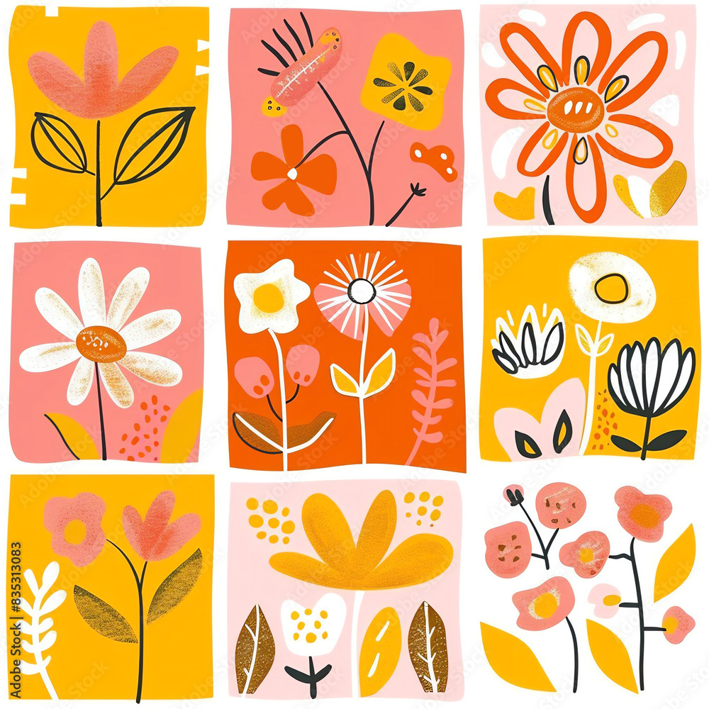 Trendy groovy summer seamless pattern. Funky retro aesthetic prints for contemporary fabric design - floral, checkered, and marble organic shapes. Floral pattern vintage 70s-80s style. Trendy groovy summer seamless pattern. Funky retro aesthetic prints for contemporary fabric design - floral, checkered, and marble organic shapes. Floral pattern vintage 70s-80s style.