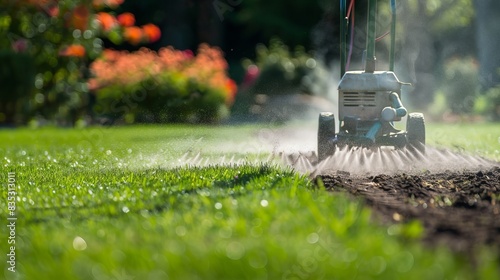 Lawn aeration with a gasoline-powered aerator machine. photo