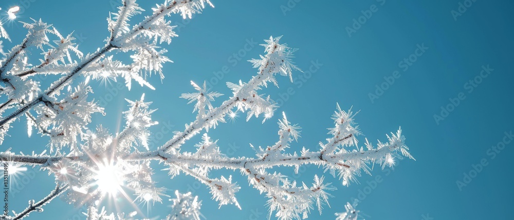Frosty Winter Wonderland Background, Snowy Branches Against Clear Blue Sky with Sunlight Flare. Ideal for Seasonal and Holiday Themed Designs, Cards, and Decor Frosty Winter Wonderland Background, Snowy Branches Against Clear Blue Sky with Sunlight Flare. Ideal for Seasonal and Holiday Themed Designs, Cards, and Decor