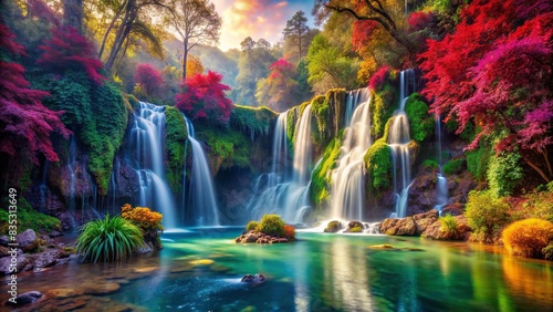 Vibrant and colorful fantasy waterfall surrounded by lush vegetation , fantasy, vibrant, colorful, waterfall, natural, beauty, scenery, enchanted, magical, mystical, exotic, tropical © Sangpan