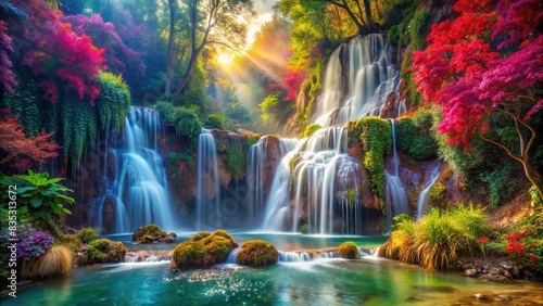 Vibrant and colorful fantasy waterfall surrounded by lush vegetation , fantasy, vibrant, colorful, waterfall, natural, beauty, scenery, enchanted, magical, mystical, exotic, tropical © Sangpan