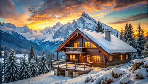 Cozy chalet nestled in the mountains overlooking a scenic view , mountain, cabin, wood, nature, tranquility, remote, solitude, peaceful, landscape, trees, snow, cozy, architecture, vacation