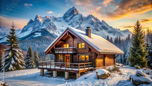 Cozy chalet nestled in the mountains overlooking a scenic view , mountain, cabin, wood, nature, tranquility, remote, solitude, peaceful, landscape, trees, snow, cozy, architecture, vacation