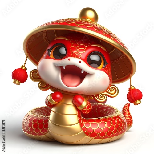 3d chinese happy red snake with happy face, lunar new year theme, white background	 photo