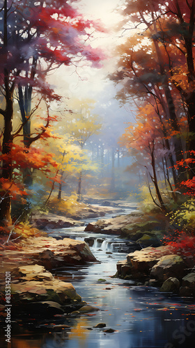 A peaceful river meandering through a colorful  autumnal landscape  with banks lined by trees showcasing a vibrant display of reds  oranges  and yellows  reflecting beautifully on the water s surface.