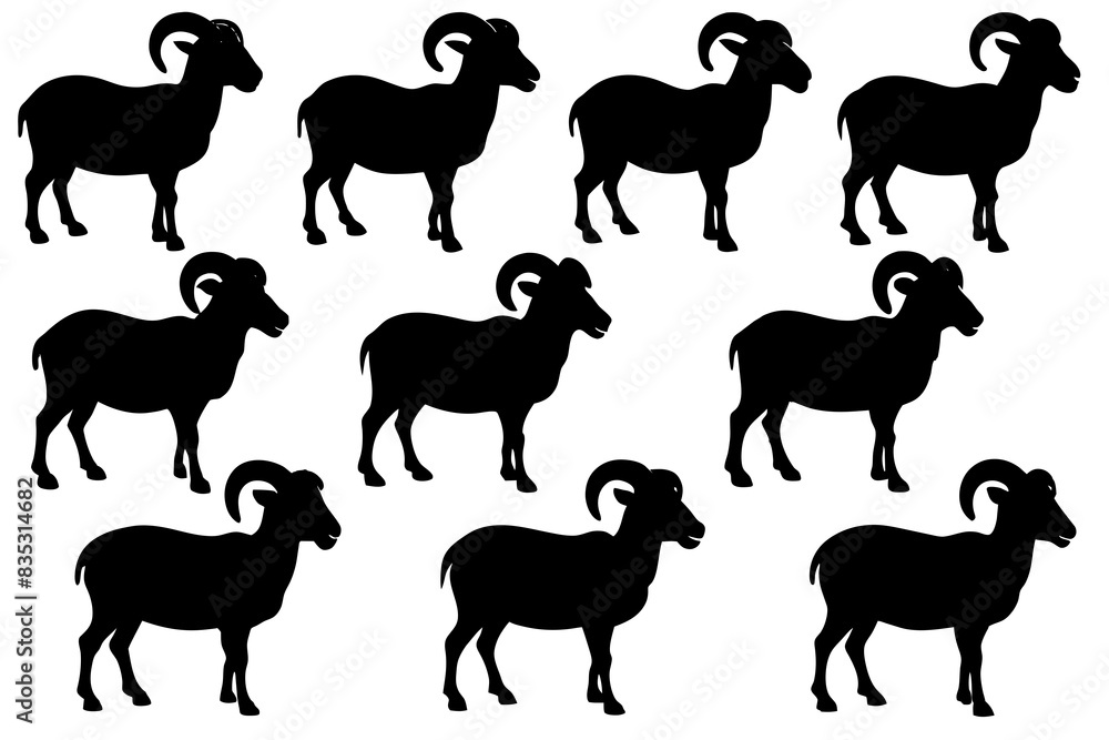 set of pcs aoudad sheep black silhouette vector