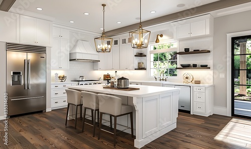 beautiful kitchen in new luxury home with island, pendant lights, hardwood floors, and stainless steel appliances 