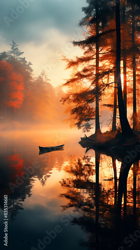 A quiet, misty morning on a lake surrounded by autumn-colored forests, where the mist partially obscures the trees and the reflection on the water, creating a serene and mysterious atmosphere. photo