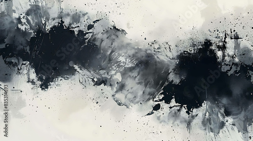 Abstract black and white painting. The painting is full of energy and movement, with a variety of brushstrokes and splatters. © Nurlan