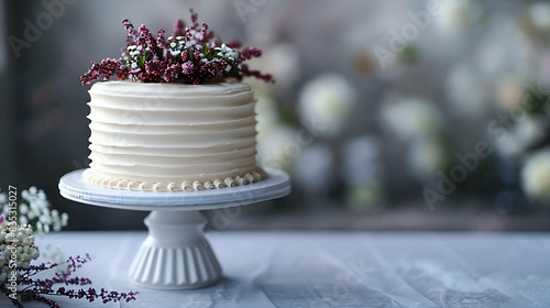 Simple and elegant wedding cake with white frosting and purple flowers on top. Perfect for a small wedding or elopement. photo