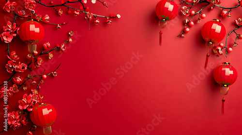 This is a beautiful image of red Chinese lanterns and cherry blossoms. © Nurlan