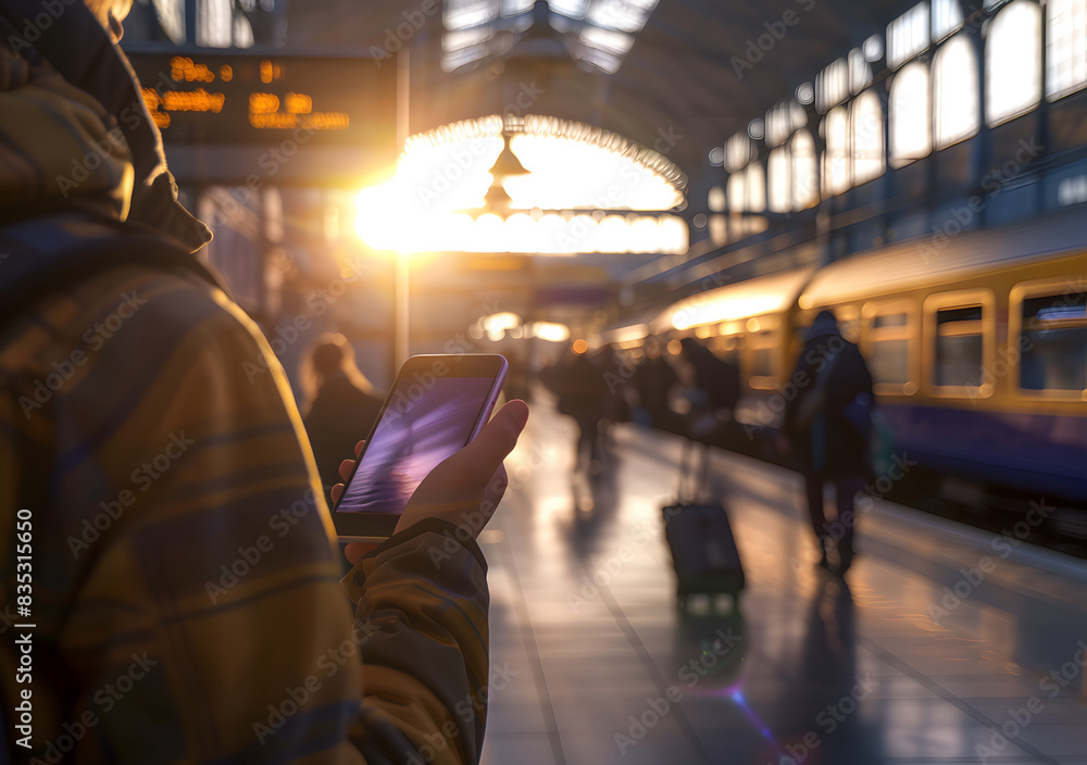 Phone in hand at the station Phone in hand at the station