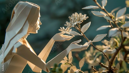 In a moment of connection, a paper woman reaches out to touch a delicate flower, her reverence palpable. photo