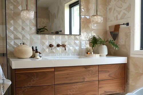 Step into luxury with this modern American bathroom featuring a double vanity sink  elegant marble countertops  and soft ambient lighting