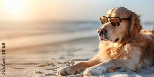Golden retriever dog wearing sunglasses having a blast on a beach holiday with their family. Concept Pets, Dogs, Beach fun, Family vacation, Sunglasses photo