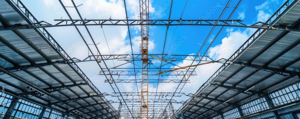 architectural design of a transparent glass roof with steel beams under a blue sky. architectural design of a transparent glass roof with steel beams under a blue sky.
