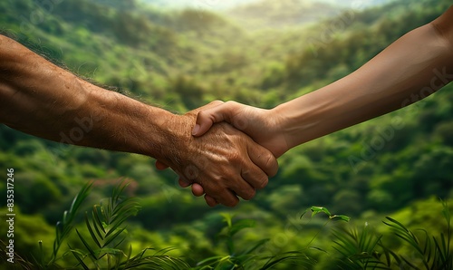Handshake with a scenic, untouched natural landscape backdrop rich in greenery, symbolizing a mutual commitment to preserving the natural world for future generations.