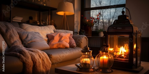 Engineer's Apartment Living Room Illuminated by Warm-Colored Oil Lamps, Creating a Cozy Atmosphere. Concept Home Decor, Warm Lighting, Cozy Interiors, Engineer's Style, Oil Lamps photo