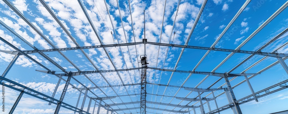 architectural design of a transparent glass roof with steel beams under a blue sky. architectural design of a transparent glass roof with steel beams under a blue sky.