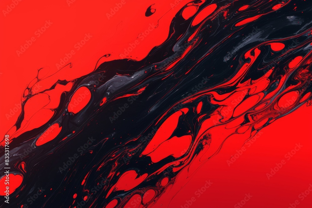 Red background with black paint splatters and dynamic movement