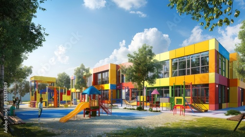colorful preschool building exterior on sunny day