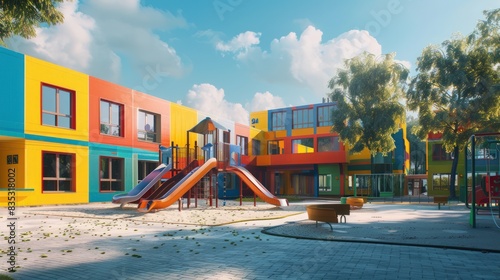 colorful preschool building exterior on sunny day