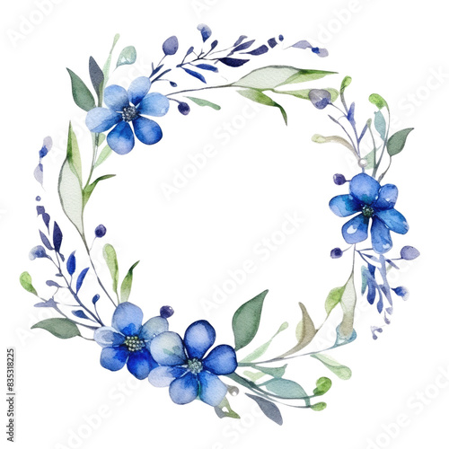 Circular watercolor flower crown with blue flower and green leaves. Circle picture frame with green pastel leaves. Organic botany concept for eco-friendly branding and stationery design. AIG35.