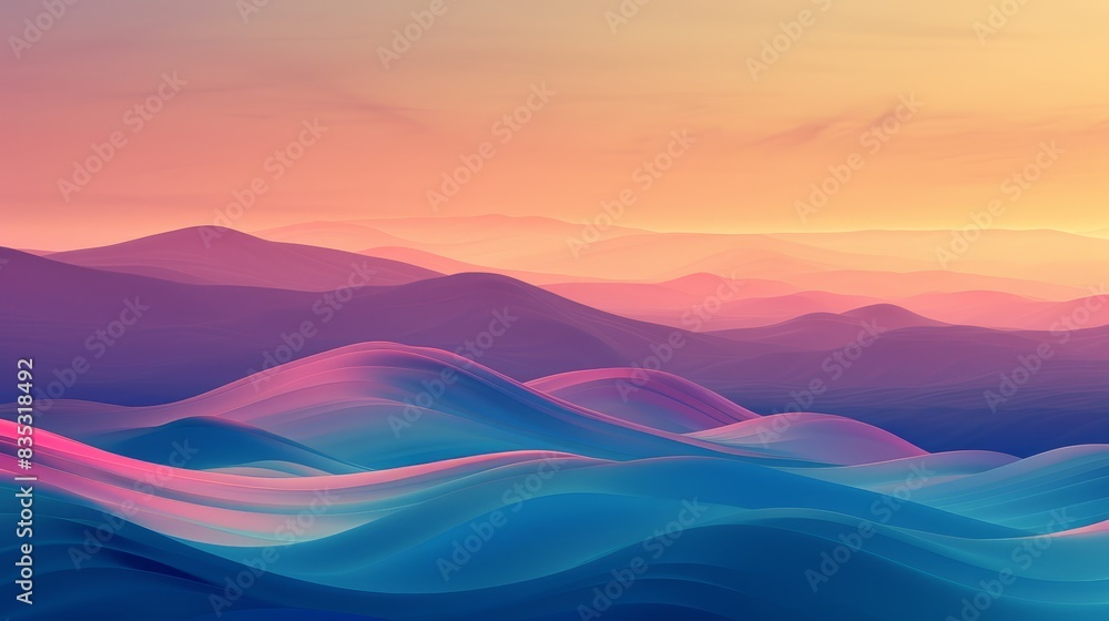 Futuristic digital landscape with smooth gradient hills at dusk, emphasizing vibrant colors and a serene wide view. Ideal for themes of tranquility and modern digital art Futuristic digital landscape with smooth gradient hills at dusk, emphasizing vibrant colors and a serene wide view. Ideal for themes of tranquility and modern digital art