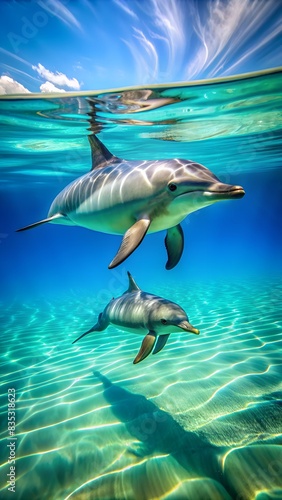 two dolphins swimming under the water