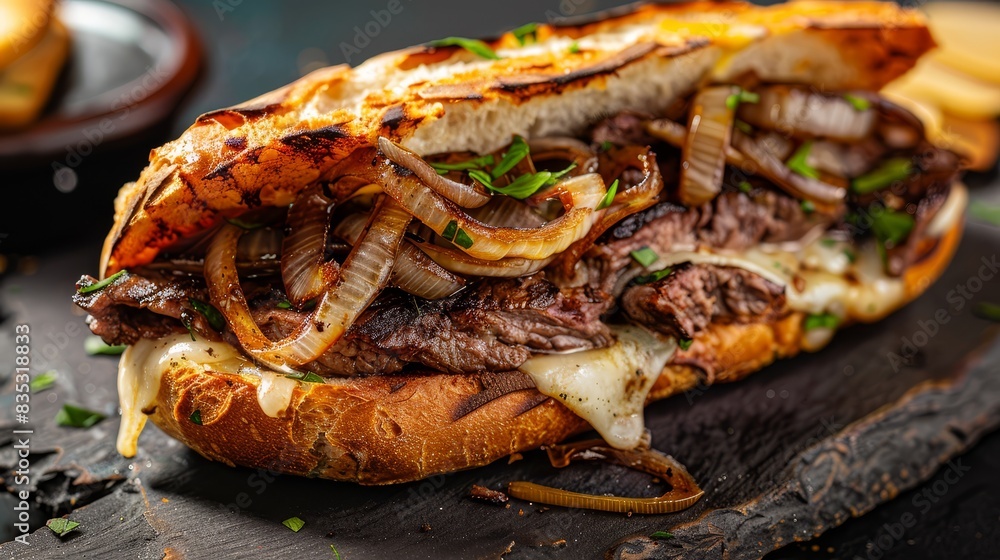 Mouth-watering steak sandwich with caramelized onions and melted cheese, showcasing vibrant colors and detailed textures. Great for food photography and recipe visuals Mouth-watering steak sandwich with caramelized onions and melted cheese, showcasing vibrant colors and detailed textures. Great for food photography and recipe visuals