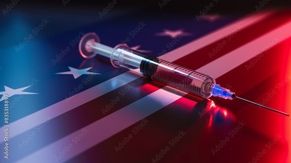 Patriotic-themed healthcare image with a syringe on a table and a red, white, and blue background. Perfect for themes of medicine and national pride Patriotic-themed healthcare image with a syringe on a table and a red, white, and blue background. Perfect for themes of medicine and national pride