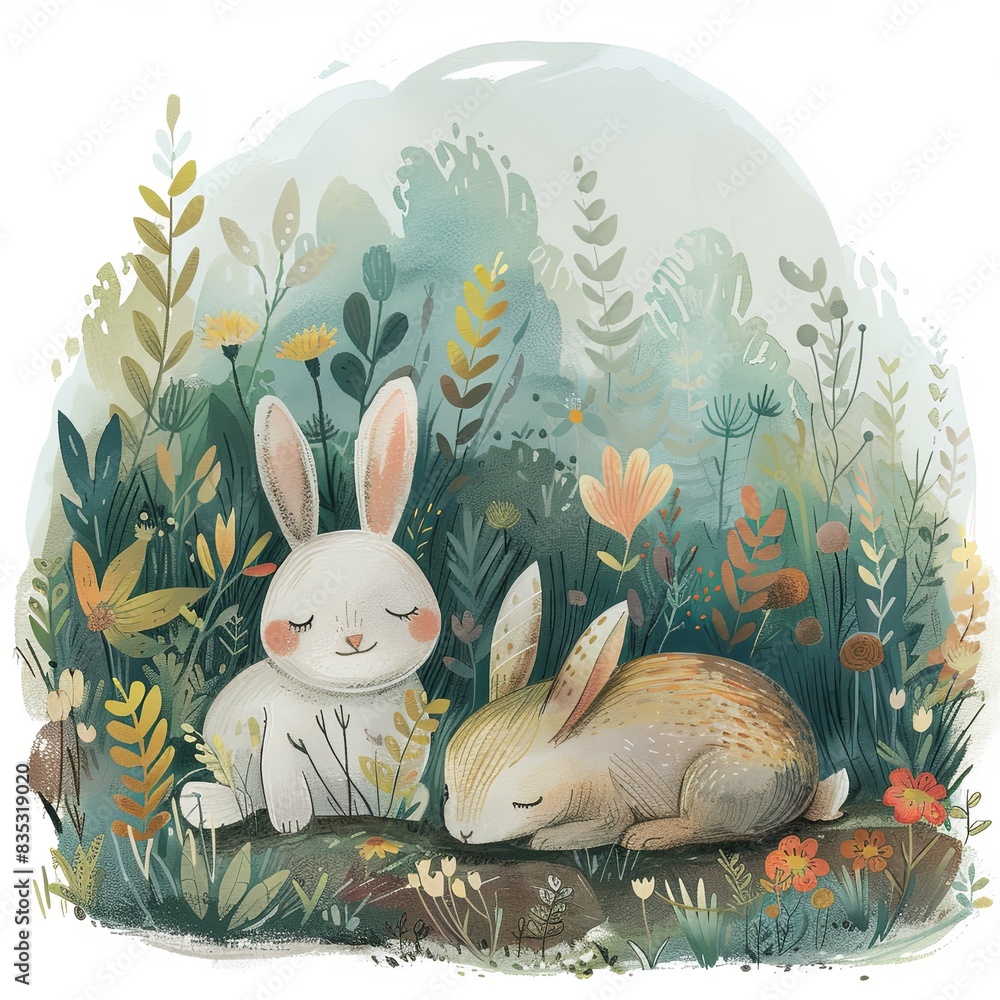 Fototapeta premium Two rabbits sitting in a clearing surrounded by different grassy plants and wild flowers. Story in drawn style. Image for decoration of children's books, cards, print, etc.