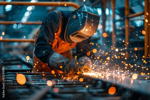 worker in a protective mask welds iron structures