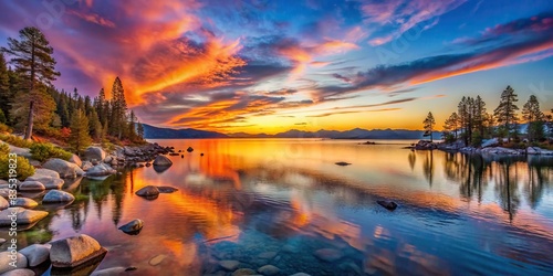 Lake Tahoe sunset with vibrant colors reflecting off the water , lake, tahoe, sunset, vibrant, colors, reflection, water, clouds, sky, horizon, nature, scenic, beauty, serene, peaceful photo