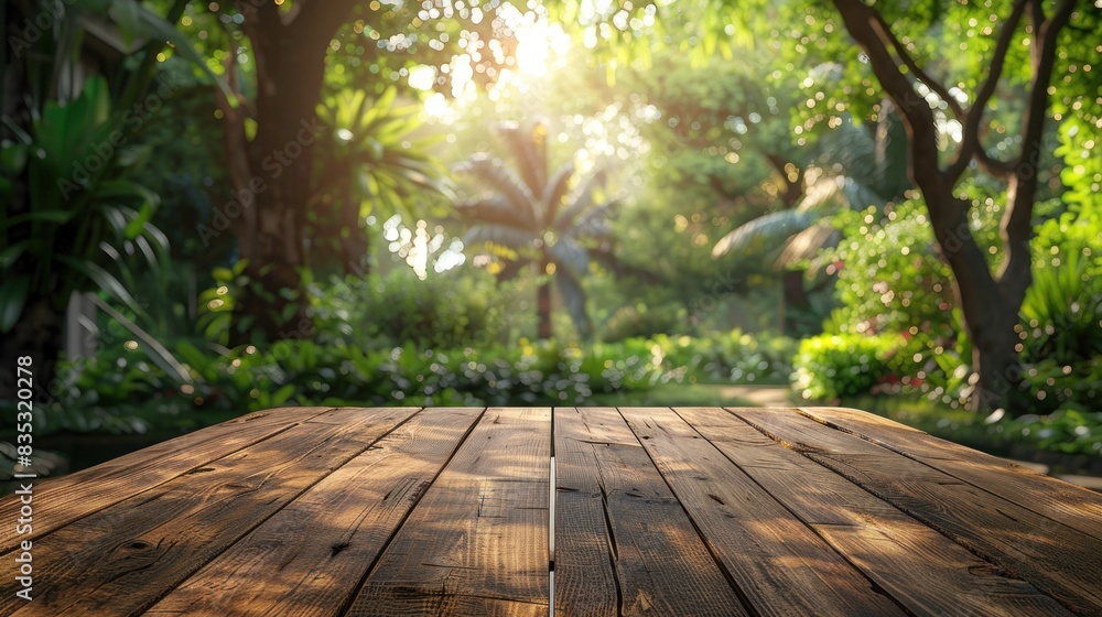 Wooden table with sunshine and flowering bush Wooden table with sunshine and flowering bush