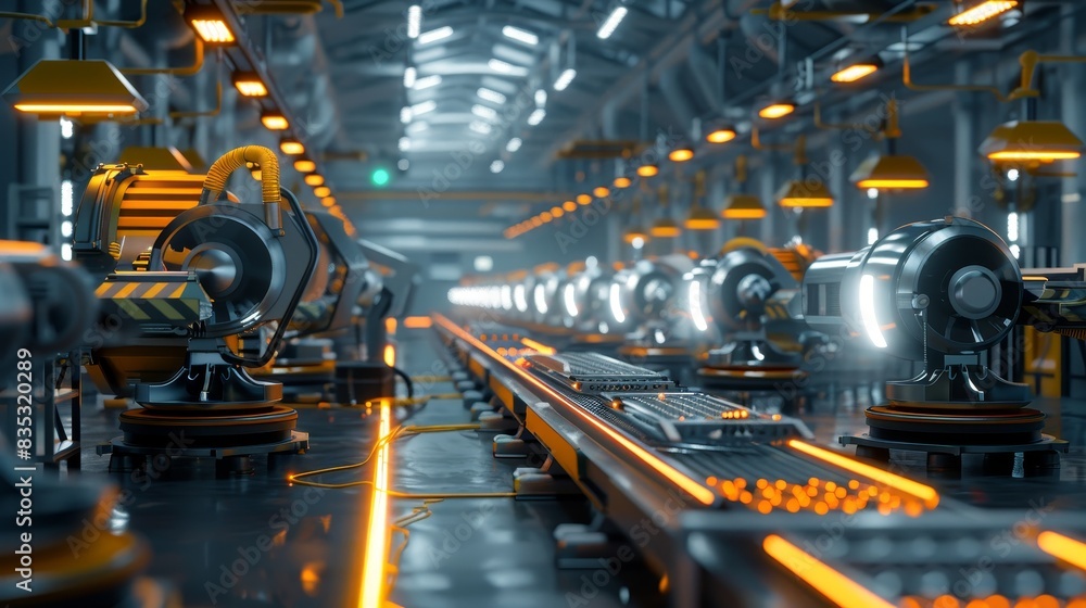 Modern Technology Concept : Futuristic and efficient assembly line captured in soft overhead lighting