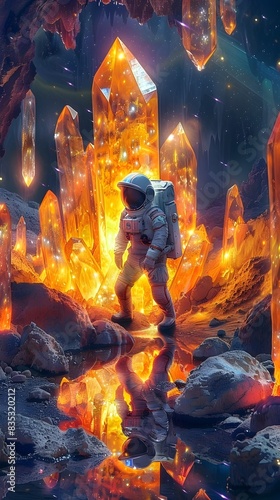 Astronaut Exploring a Luminous Alien Cavern of Glowing Crystals and Cosmic Reflections
