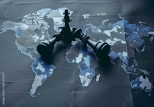 Geopolitics concept image with two chess pieces on a world map representing geopolitical discussion and movement between countries and continents photo