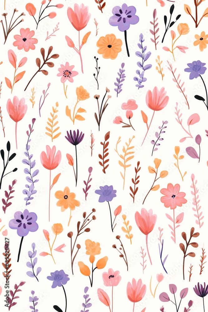Seamless floral pattern with colorful watercolor flowers and leaves on a white background. Perfect for textile, wallpaper, and wrapping paper.