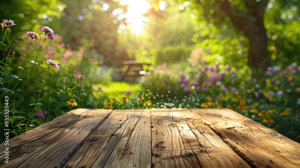 Wooden table in front of a flower garden Wooden table in front of a flower garden