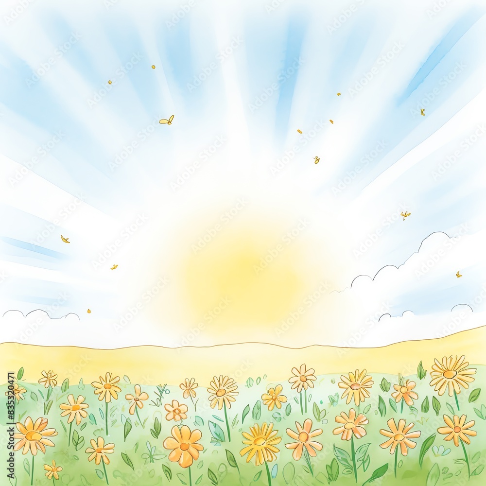 Obraz premium Vibrant illustration of a sunny meadow with blooming flowers and clear blue sky, perfect for nature and spring themes.