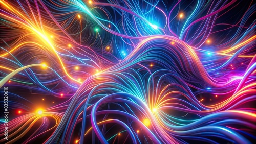 Abstract neon background of twisted glowing lines resembling Neurolink metaphor, render, abstract, neon, glowing, lines, twisted, connection, futuristic, digital, artificial, intelligence photo