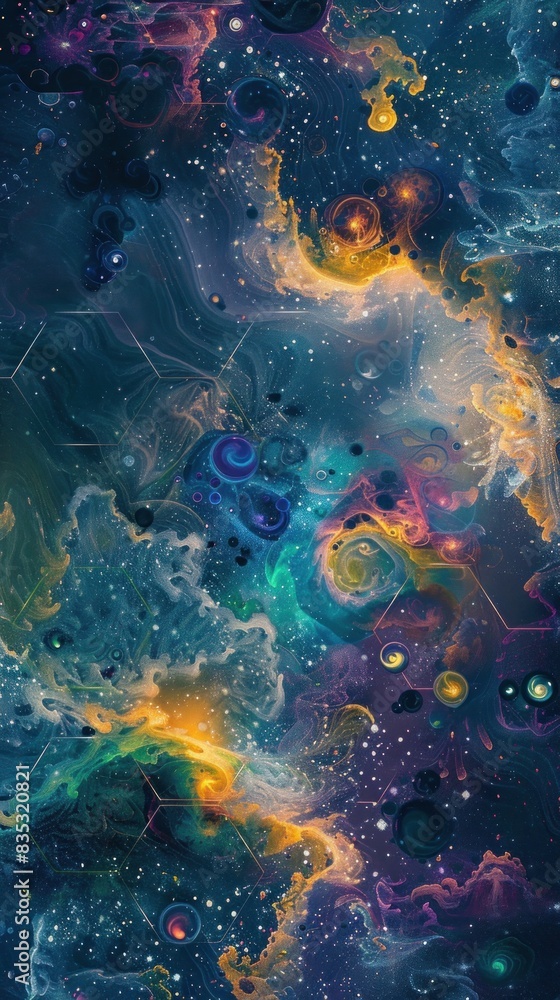 Hexagonal patterns emerge from a sea of swirling, iridescent shapes on a cosmic, starlit background, a glimpse into a celestial realm. Hexagonal patterns emerge from a sea of swirling, iridescent shapes on a cosmic, starlit background, a glimpse into a celestial realm.