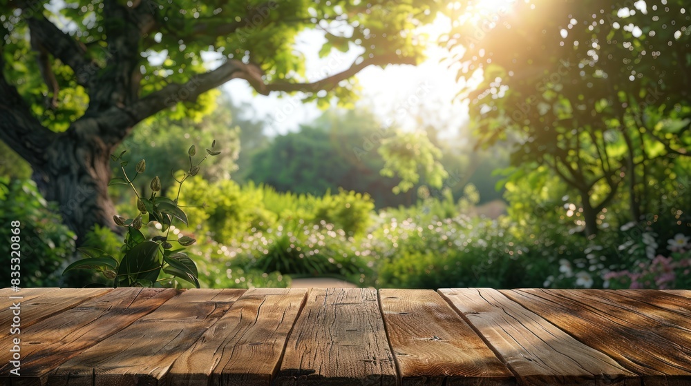 Wooden table view within a blooming garden Wooden table view within a blooming garden