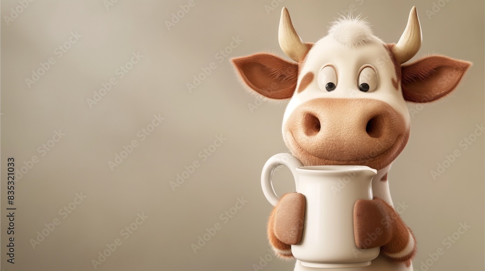 an illustration of a cute cartoon cow holding a large milk jug on the gray background with blanked area for insert text. an illustration of a cute cartoon cow holding a large milk jug on the gray background with blanked area for insert text.