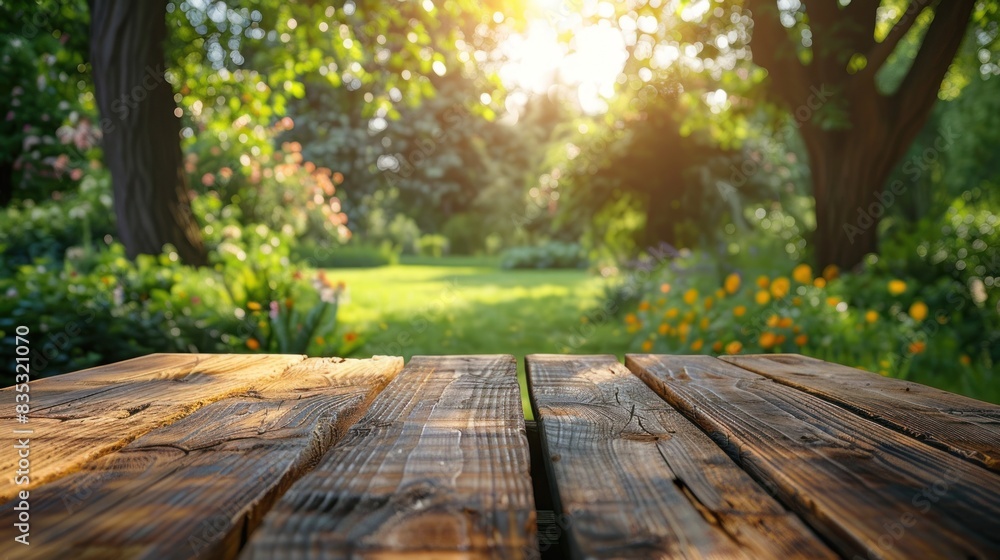 Wooden table overlooking sunlit garden Wooden table overlooking sunlit garden