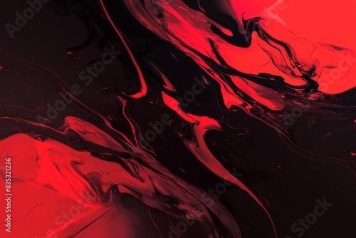 Vibrant red fluid motion with black intricate patterns and textures
