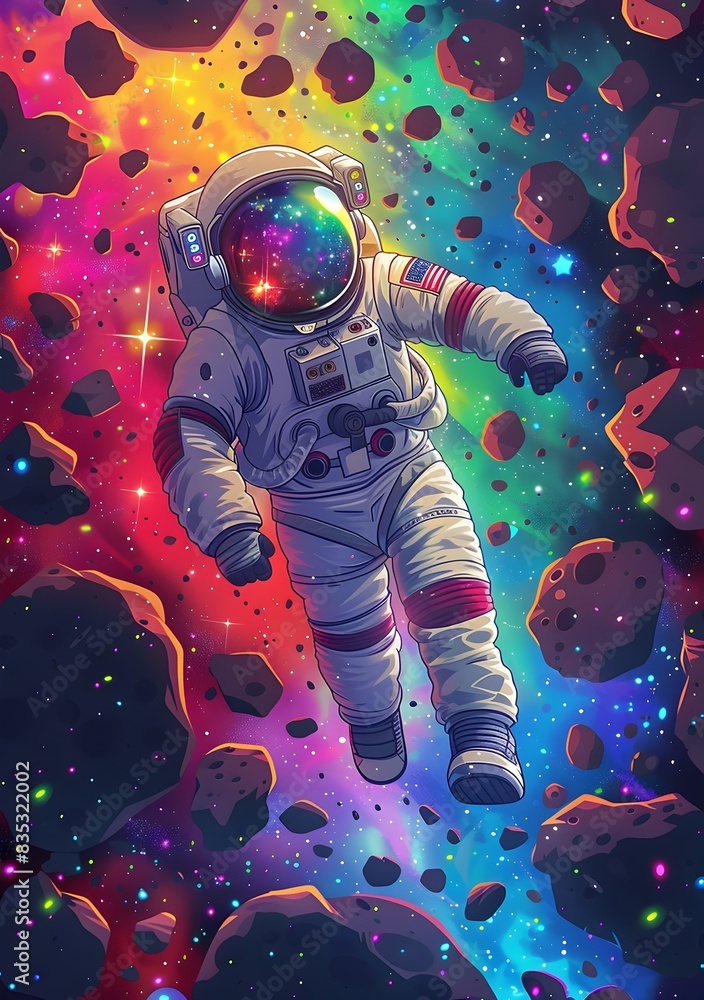Fototapeta premium Cosmic Odyssey of an Astronaut Adrift in a Kaleidoscopic Asteroid Belt