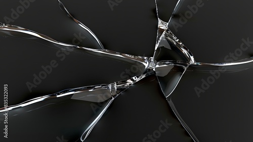 Broken glass on a dark background. After the impact, the glass surface has cracks diverging from the point of impact or bullet hit. The concept of destruction, vulnerability and fragility of existence photo